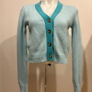 La Ligne Two-tone Light Blue Cardigan with Teal Trim